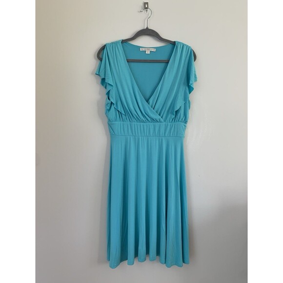 Boston Proper Turquoise Flutter Sleeve Cold Shoulder Fit and Flare Dress Size 12 - Picture 1 of 8